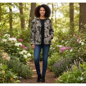 VTG Requirements Quilted Jacket Womens Large Paisley Leopard Print Boho Full Zip